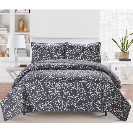 Crushed Microfiber Branches 3-piece Quilt Set Graphite King