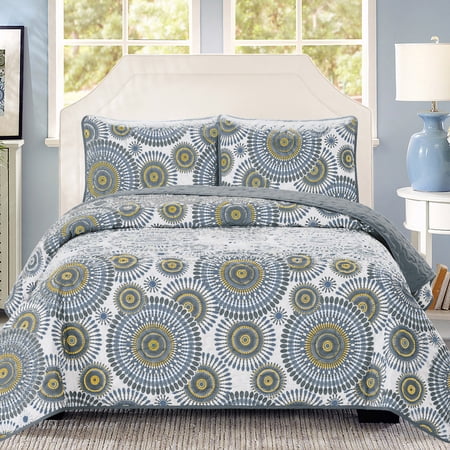 Crushed Microfiber Starburst 3-piece Quilt Set Blue Full/Queen