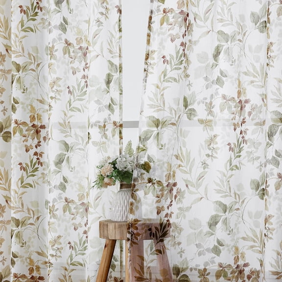 Crushed Sheer Curtains 2 Panels Set, Sheer Floral with Printed Leaves Design, Printing Drapes for Living Room, Rod Pocket Light Filtering Window Sheers