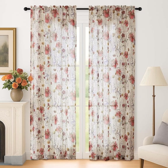 Crushed Sheer Curtains, Airy Light Filtering Voile Floral Curtains for Living Room, Rod Pocket Romantic Window Drapes for Bedroom Dining Room