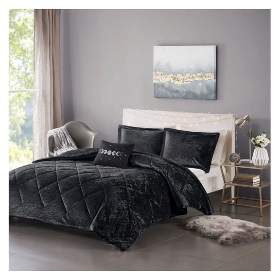 Crushed Velvet Comforter Set, Black - Quilted Design, Hypoallergenic Fill, 3 Piece (King/Cal King)