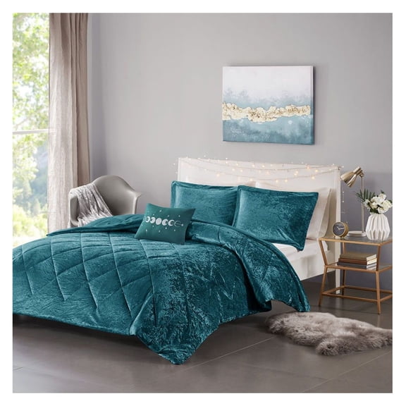 Crushed Velvet Comforter Set - Teal Full/Queen - 3 Piece Bedding - Soft Microfiber - Hypoallergenic - Decorative Pillow Included