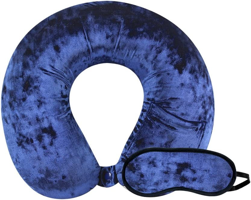 Crushed Velvet Memory Foam Neck Pillow with Sleep Mask Blue