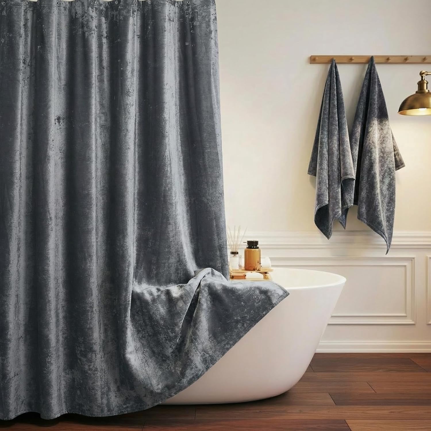 Crushed Velvet Shower Curtain, Grey Shower Curtain for Bathroom, Luxury Shower Curtain Set with 12pc Gold Hooks, Thick Fabric Waterproof 72x72”