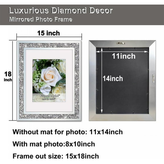 Crushed Wedding Mirror Photo Frame, Silver Glass Picture Frame for 11x14 Inch with Mat, Pack of 2, Bling Home Decor