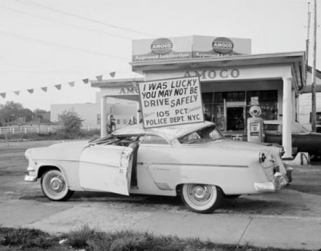 Crushed car with information board about driving safely Canvas Art - (18 x 24)