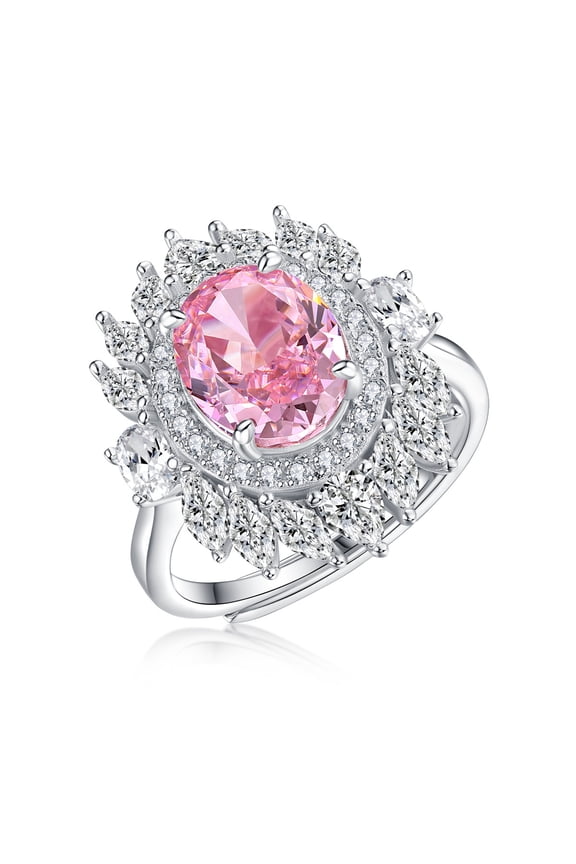 Crushed ice Adjustable Open Diamond Ring, 100% S925 Sterling Silver High Carbon Pink Gem Ring Eternal Engagement Wedding Band Ring for Women