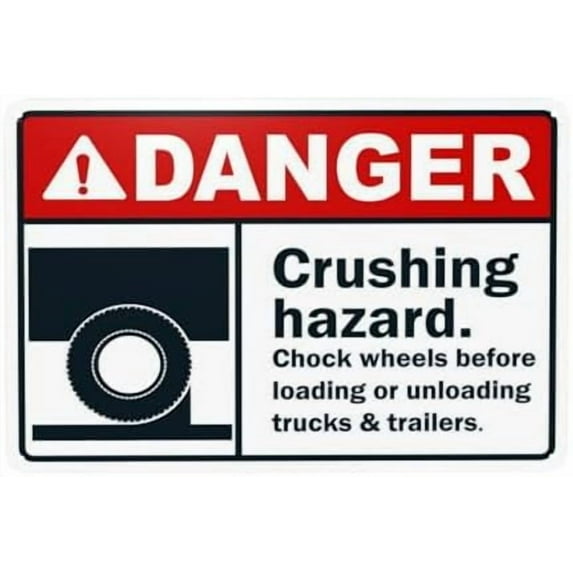 Crushing Hazard Chock Wheels Warning Sign, Truck Security Metal Signs for Home Busines Outdoor Indoor Road Yard Garage Street Wall Caution Decor 12 x 8 Inch