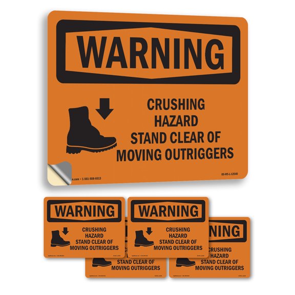 Crushing Hazard Outriggers Stand Clear OSHA WARNING Vinyl Decal Label 5 Inch x 3.5 Inch - 5 Pack