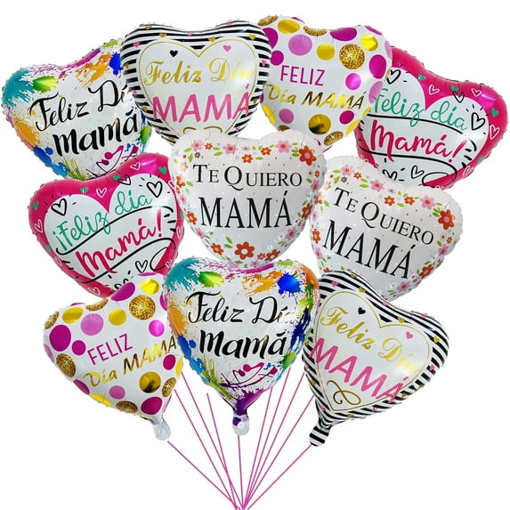 Crusward 10pcs Mother's Day Aluminum Foil Balloons,Large Feliz Dia Mama Balloons, Spanish Te Amo Mamá Balloons for Best Mom Ever Mom Party Birthday Decorations Supplies