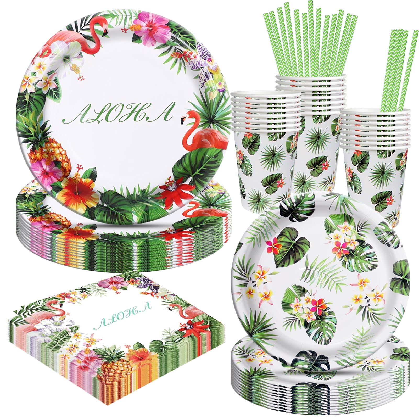 Crusward 125 Pcs Hawaiian Aloha Flamingo Party Supplies Tableware Set Serve 25,Hawaiian Party Decorations with Plates,Napkins, Cups for Summer Beach Party Hawaii Luau Party