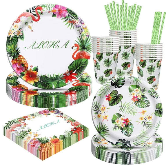 Crusward 125 Pcs Hawaiian Aloha Flamingo Party Supplies Tableware Set Serve 25,Hawaiian Party Decorations with Plates,Napkins, Cups for Summer Beach Party Hawaii Luau Party