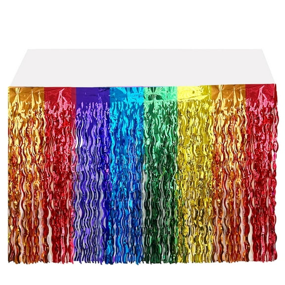 Crusward 2Pcs Rainbow Party Decorations Rainbow Foil Fringe Table Skirts Rainbow Fringe Table Skirts for Birthday Wedding Bridal Shower Unicorn Pride Party Restaurant Decorations