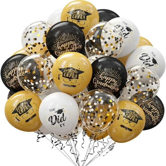 Crusward 42 Pcs Graduation Party Decorations,Gold and Black Latex Confetti Balloons Party Decor
