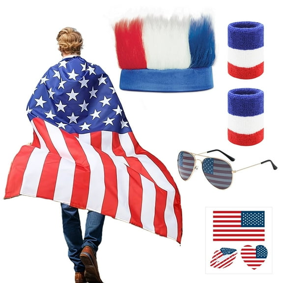 Crusward American Flag Costume Cape, 4th of July Patriotic Accessories Flag Headband Wristbands Sunglasses for Men Women Independence Day Celebration Halloween Party