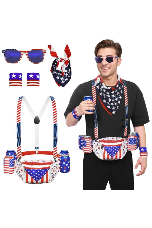 American Independence Day Fanny Pack Set,9 Pcs USA Belt Bag Suspenders Drink Holder Flag Headband Wristband