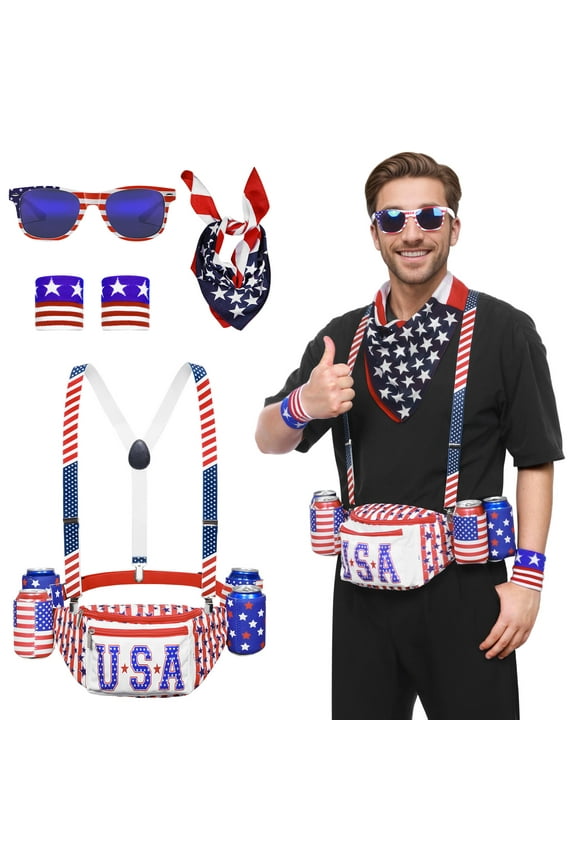 American Independence Day Fanny Pack Set,9 Pcs USA Belt Bag Suspenders Drink Holder Flag Headband Wristband