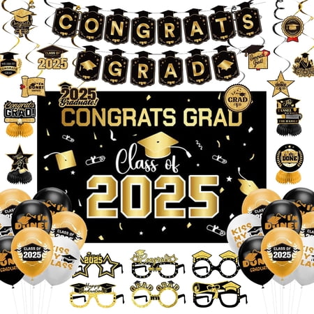 Crusward Graduation Decorations Class of 2025,Black and Gold Graduation Decorations Graduation Party Decor include Honeycomb Centerpieces,Banner, Haing Swirls, Balloons, Backdrop, Photo Booth Props.