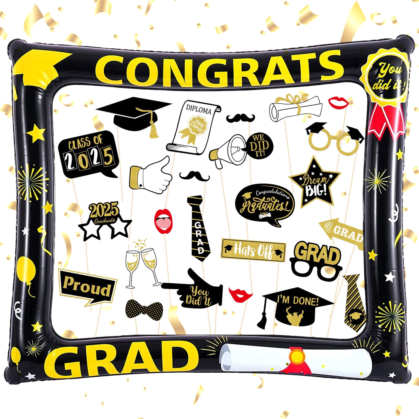 Crusward Graduation Photo Booth Props 2025, Black Gold Graduation Photo Booth Props,Funny Graduation Party Selfie Props,Black Gold Selfie Photo Frame for Graduation Party Favors Supplies
