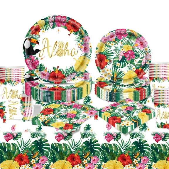 Crusward Hawaiian Party Supplies, 100PCS Hawaiian Tropical Flowers Tableware Set With Aloha Paper Plates Napkins Cups Tablecloth For Hawaii Luau Beach Summer Party Decorations