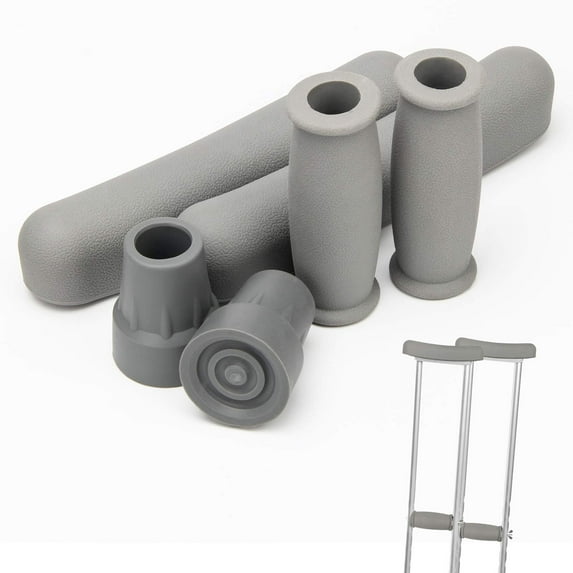 Crutches Padding for Adults, Replacement Crutch Pads, Padding for Walking Arm Crutches, Hand Grips, and Feet Caps, Fits Standard Aluminum Crutches 6 Pieces-Set, Gray
