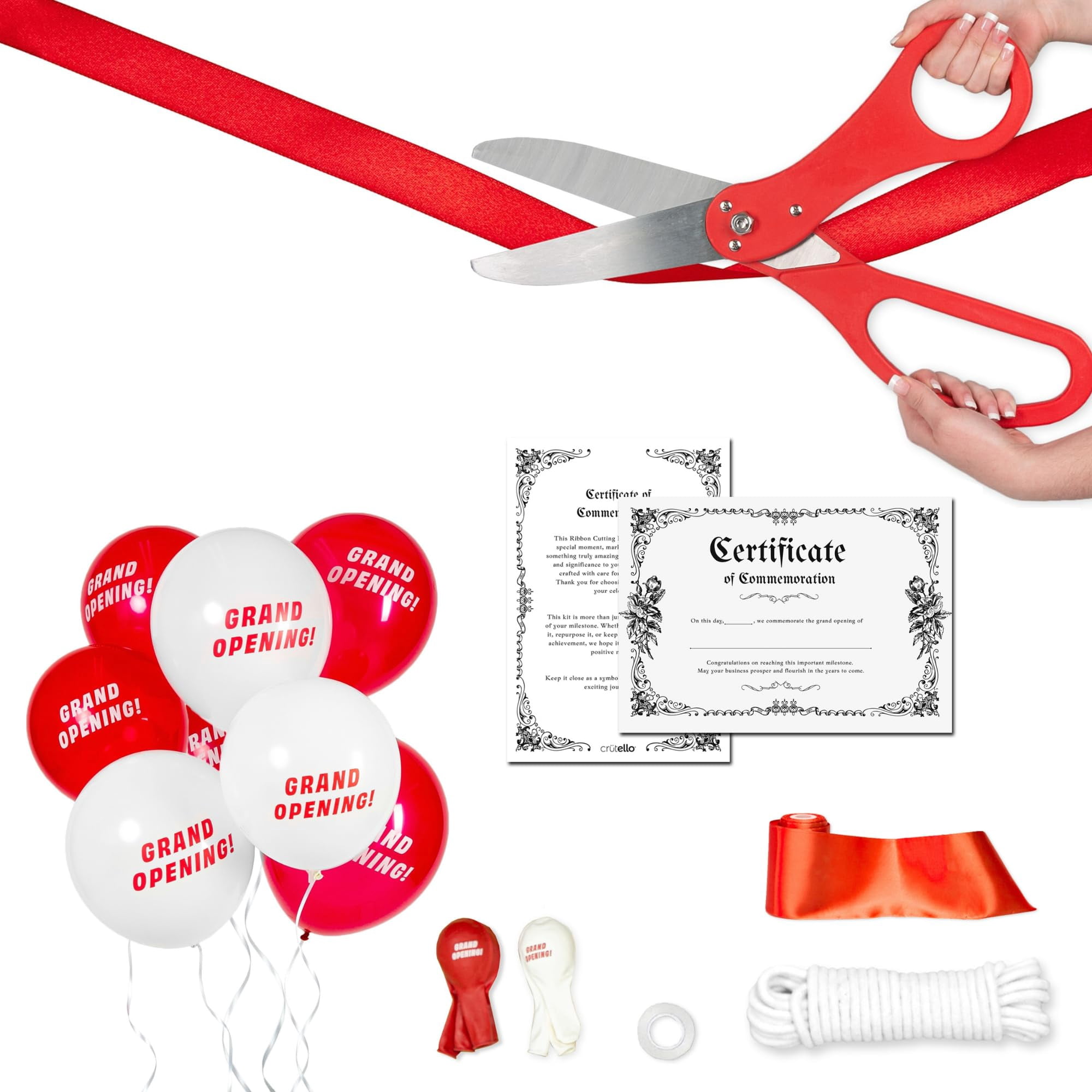 Crutello Deluxe Giant Ribbon Cutting Ceremony Kit Decorations - 20"Red Handled XL Giant Scissor, 30ft of 4"Wide Red Ribbon, 10ft Grand Opening Decorations Banner, 20 Balloons, Banner & Balloon Rope