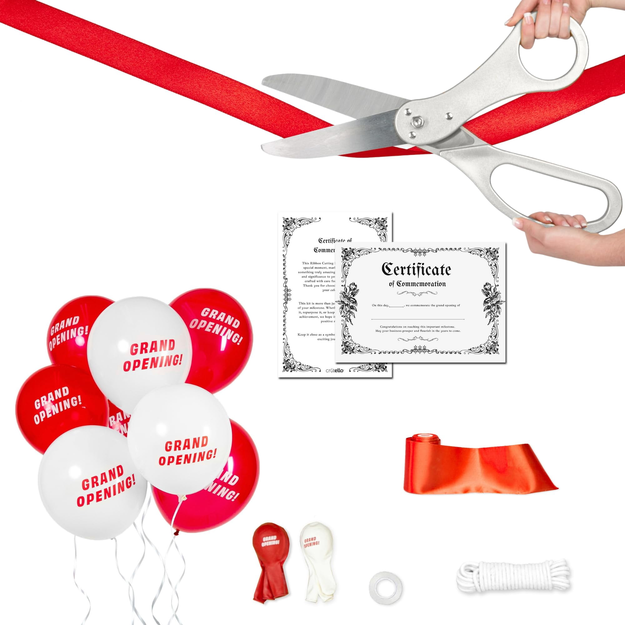 Crutello Deluxe Giant Ribbon Cutting Ceremony Kit 20"Giant Scissor Set, Sharp, Silver Handled XL Scissors, 30ft of 4"Wide Red Ribbon, 10ft Banner, 10 Red & 10 White Balloons, Banner Rope, Balloon