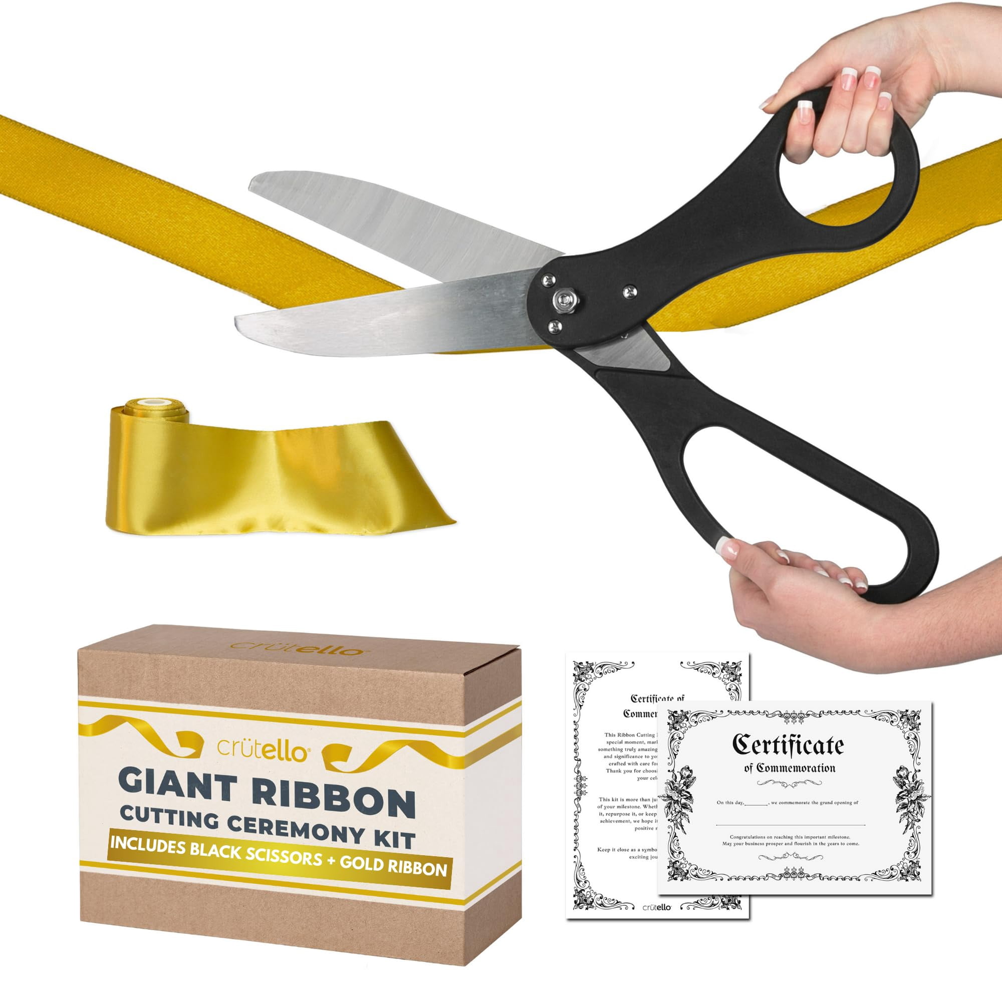 Crutello Giant Ribbon Cutting Ceremony Kit 20" Giant Scissor Set with Sharp, Black Handled Durable XL Scissors, and 30 Feet of Oversized 4" Wide Gold Ribbon
