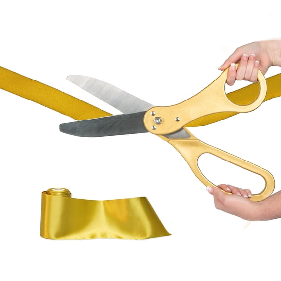 Crutello Giant Ribbon Cutting Ceremony Kit 20" Giant Scissor Set with Sharp, Gold Handled Durable XL Scissors, and 30 Feet of Oversized 4" Wide Gold Ribbon