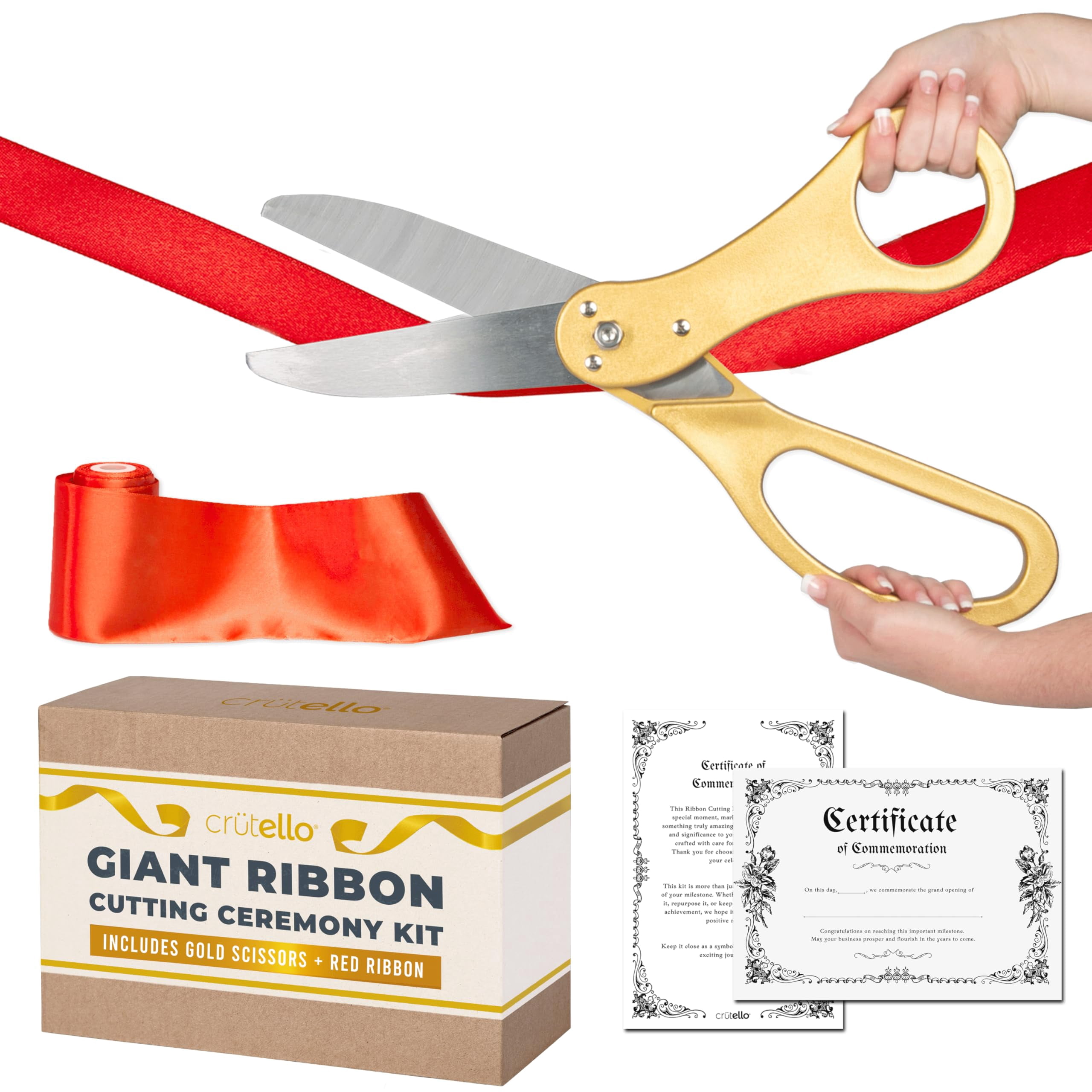 Crutello Giant Ribbon Cutting Ceremony Kit 20" Giant Scissor Set with Sharp, Gold Handled Durable XL Scissors, and 30 Feet of Oversized 4" Wide Red Ribbon