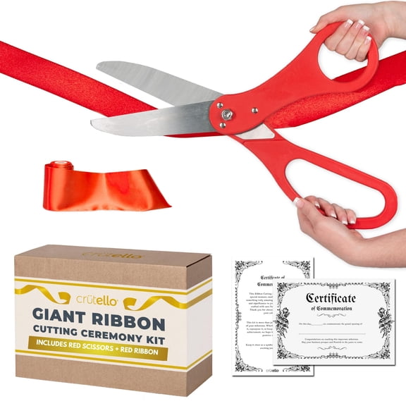 Crutello Giant Ribbon Cutting Ceremony Kit 20" Giant Scissor Set with Sharp, Red Handled Durable XL Scissors, and 30 Feet of Oversized 4" Wide Red Ribbon