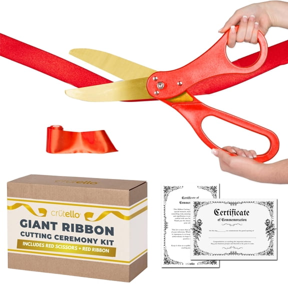 Crutello Grand Opening Ribbon Cutting Kit - Giant Gold Scissors with Red Handle & 30ft Red Ribbon 4"Wide