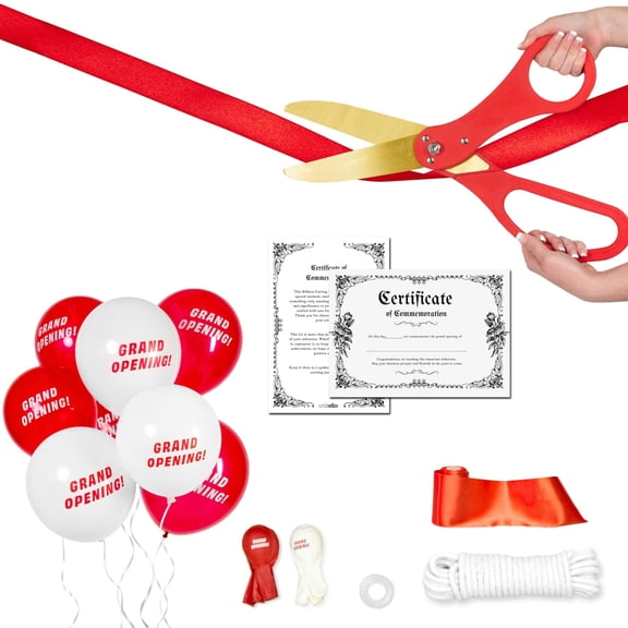 Crutello Ribbon Cutting Ceremony Kit - 20"Giant Red Scissors with Grand Opening Banner and 30 Foot Large Red Ribbon 4"Wide, 20 Balloons, 90 ft Balloon and 20 Feet Banner Rope for Decorations