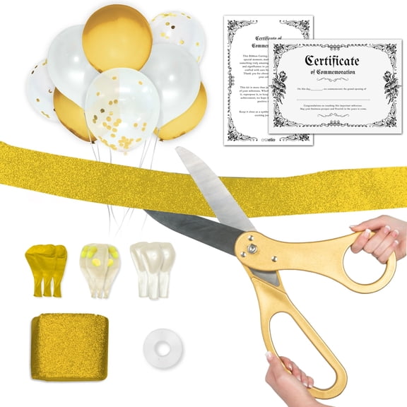 Crutello Ribbon Cutting Ceremony Kit - 20"Giant Scissors with Gold Handle, 30ft Sparkle Giant Gold Ribbon 4"Wide, 24 Balloons & 90ft Balloon Band for Grand Opening Decorations