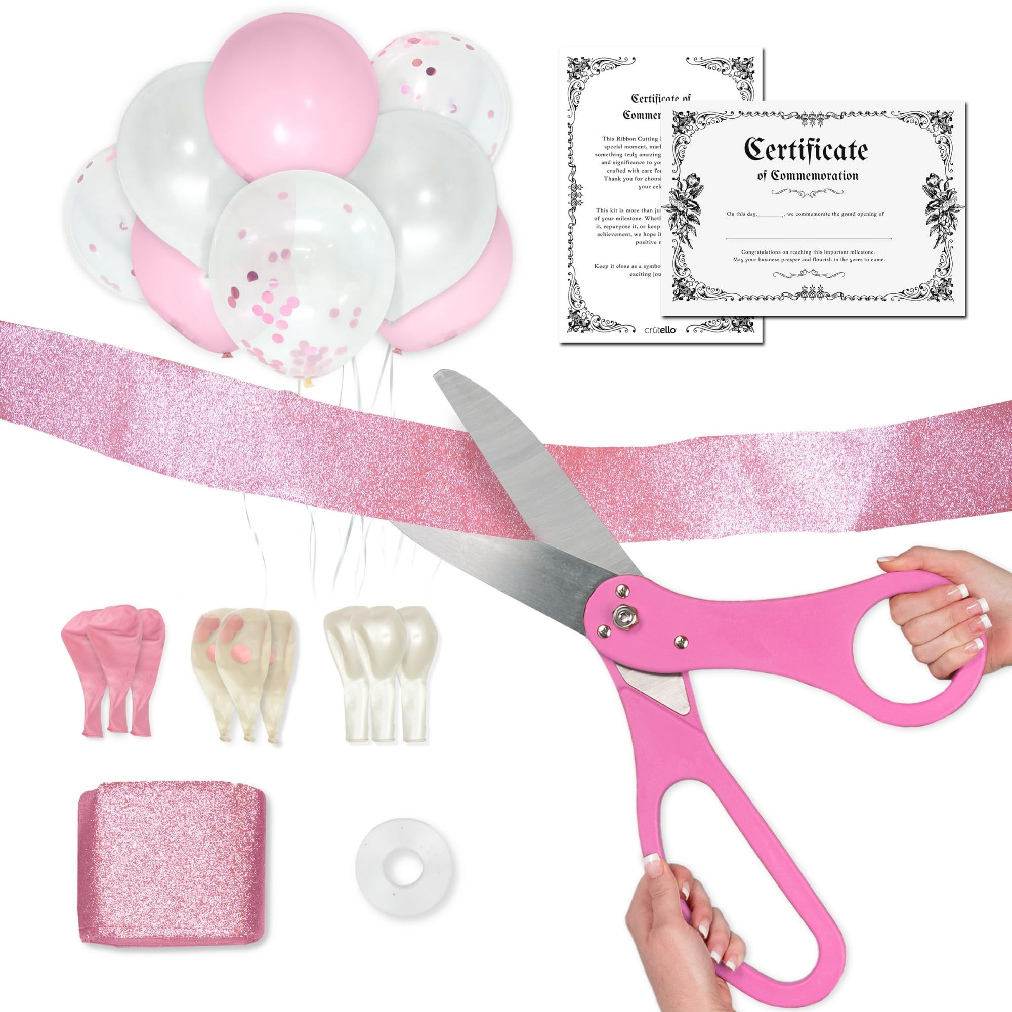 Crutello Ribbon Cutting Ceremony Kit - 20"Giant Scissors with Pink Handle, 30ft Sparkle Giant Pink Ribbon 4"Wide, 24 Balloons & 90ft Balloon Band for Grand Opening Decorations
