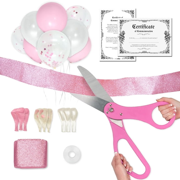 Crutello Ribbon Cutting Ceremony Kit - 20"Giant Scissors with Pink Handle, 30ft Sparkle Giant Pink Ribbon 4"Wide, 24 Balloons & 90ft Balloon Band for Grand Opening Decorations