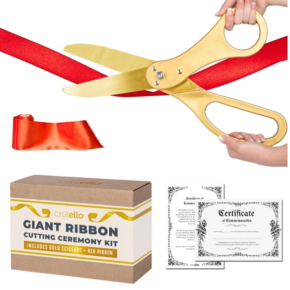 Crutello Ribbon Cutting Ceremony Kit - Grand Opening Ribbons and Scissors - 20"Giant Gold Scissors and 30 Foot Large Red Ribbon 4"Wide - Ceremonial Kit