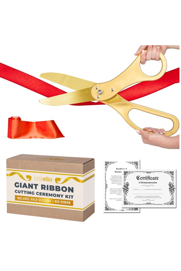 Ribbon Cutting Ceremony Kit - Grand Opening Ribbons and Scissors - 20"Giant Gold Scissors and 30 Foot Large Red Ribbon 4"Wide - Ceremonial Kit