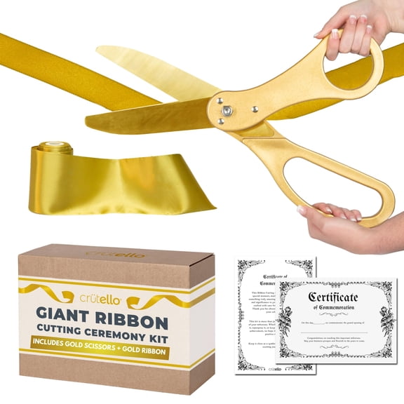 Crutello Ribbon Cutting Ceremony Kit - Grand Opening Ribbons and Scissors - 20"Giant Gold Scissors and 30 Foot Large Gold Ribbon 4"Wide - Ceremonial Kit