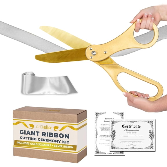 Crutello Ribbon Cutting Ceremony Kit - Grand Opening Ribbons and Scissors - 20"Giant Gold Scissors and 30 Foot Large White Ribbon 4"Wide - Ceremonial Kit