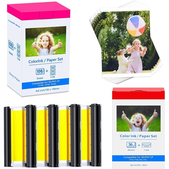 Cruxer Compatible for Selphy CP1500 CP1300 Ink and Paper 4x6" KP 108in 36in Ink Paper Set for Cannon Selphy CP Photo Printer CP910 CP1000 CP1200 CP900 CP780 CP760, 144 Sheets 4 Ink Cartridges