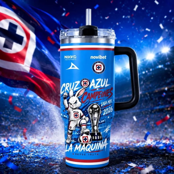Cruz Azul Inspired 40oz Tumbler, Liga MX 2026 La Maquina Blue Champion Rabbit Design, Soccer Game Day Gift