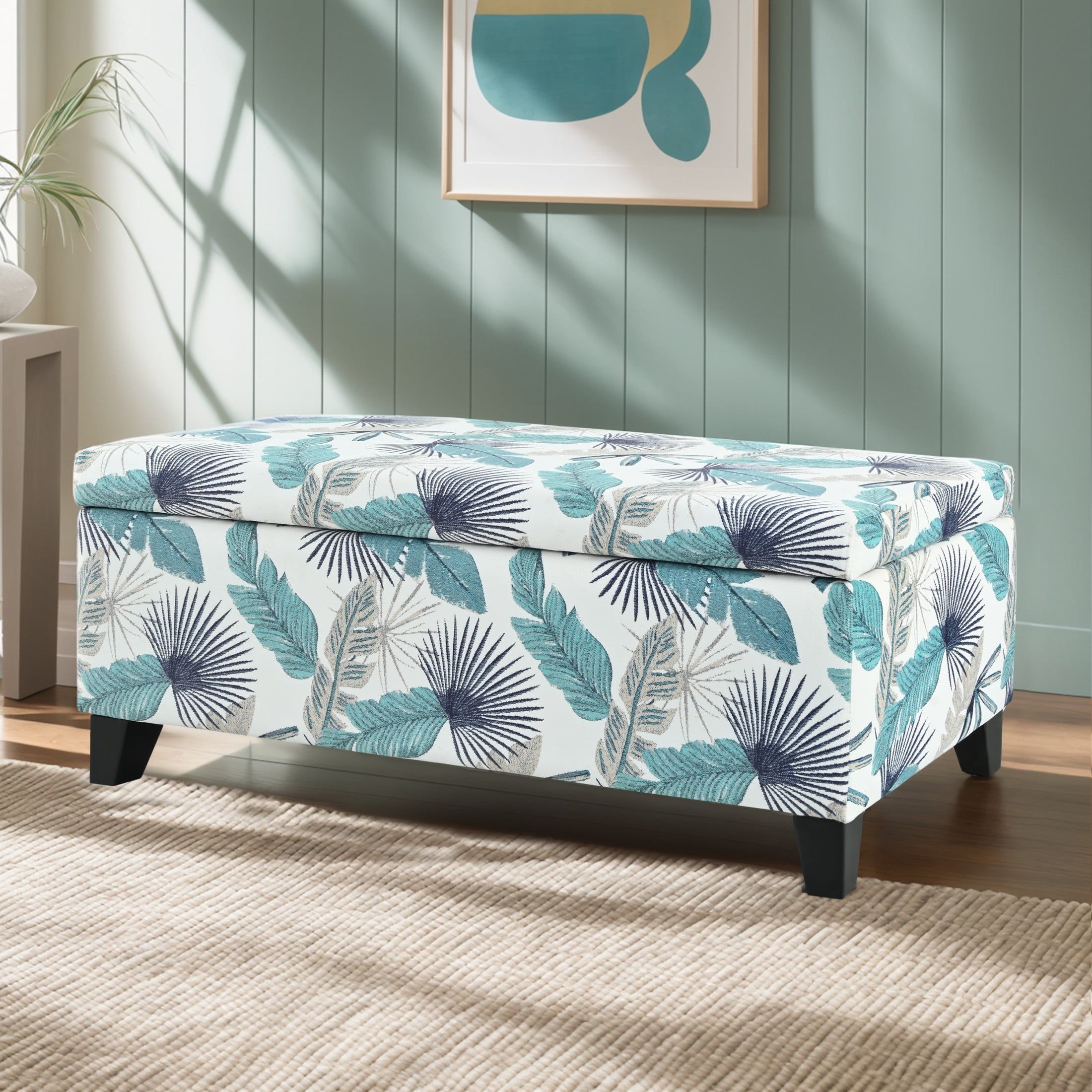 Blue and White Floral Upholstered Storage Ottoman with Birch Wood Legs