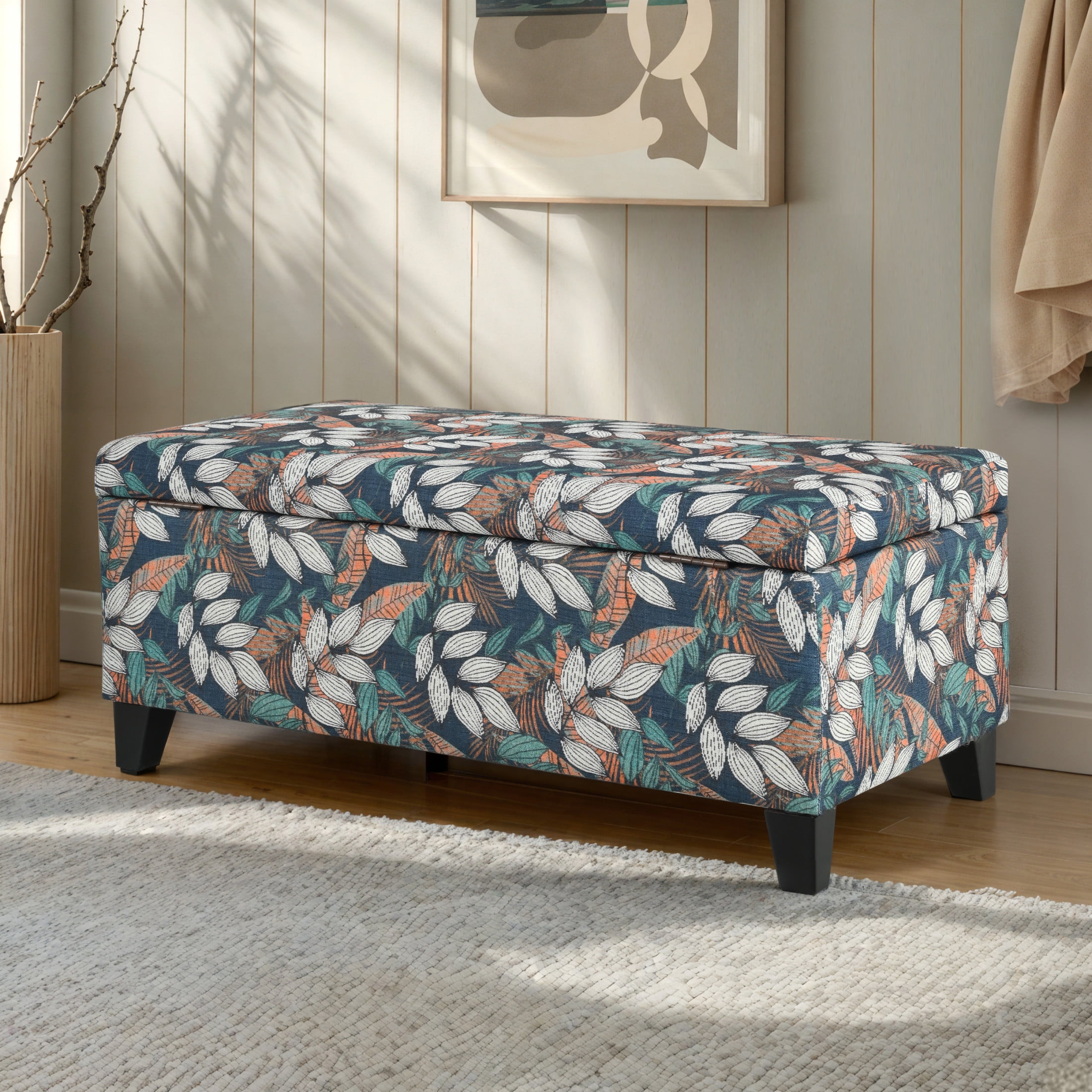 Cruz Contemporary Upholstered Storage Ottoman with Soft Pressure Hinges, Floral Pattern, Orange+White