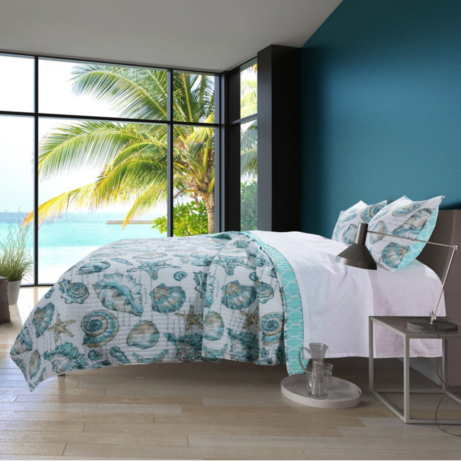 Full White Microfiber Reversible Nautical Quilt Set