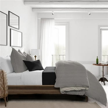 Cruz Ticking Stripes Comforter & 1 Pillow Sham Set, Black & Linen - Twin Size - 2 Piece