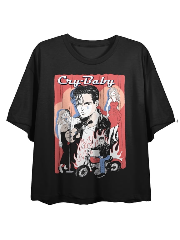 Cry-Baby (1990) Sketched Collage Art Women's Black Crop Tee-XS