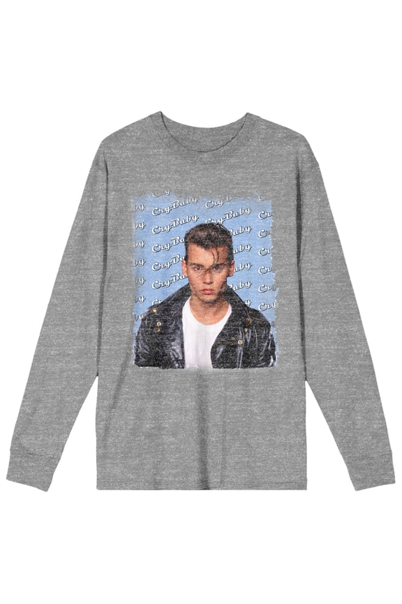 Cry Baby Wade Walker Logo Pattern Crew Neck Long Sleeve Gray Heather Adult Tee-XL