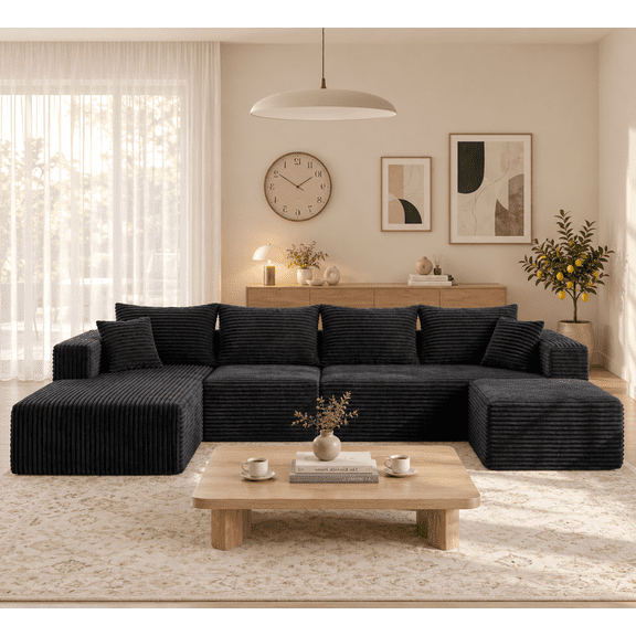 Crybaest 137.8" Modular Corduroy Sectional Sofa, Modern Low-Profile Floor Couch with Left-Facing Chaise & Ottoman, No Assembly Boneless U-Shaped Cloud Sofa for Living Room, Apartment, Black