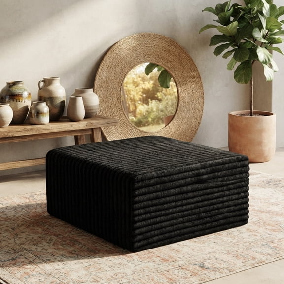 Crybaest 33.5" Corduroy Modular Sofa Ottoman, No Assembly Square Footstool Boneless Sofa Seat for Living Room, Apartment, Black